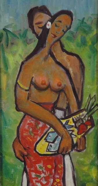 Oil on Canvas of Islanders - Jose Huerta: Signed LL in gold gilt faux bamboo frame - Measures 30"Hx11.5"L