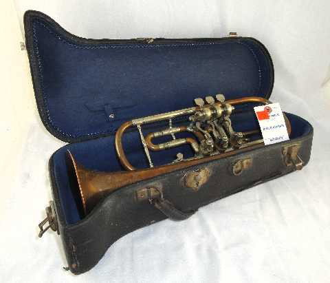 UNUSUAL - LUKAVEC ROTARY VALVE TRUMPET: INCLUDING CLEANOUT & MOUTH PIECE - HORN WITH INTRIGUITE ENGRAVINGS IN ORIGINAL CASE - MEASURES 18"L OVERALL - HORN HAS BEEN TWISTED (DAMAGE) - Frantisek Lukavec (1869-1948), who worked in Prague from 