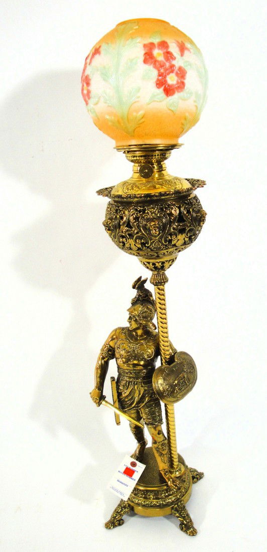 VICTORIAN FIGURAL ROMAN SOLDIER BRASS NEWEL POST LAMP: STILL WITH ORIGINAL OIL FITTINGS - FEATURES ROMAN SOLDIER ON BASE WITH CHERUB LAMP POT BODY - TOGETHER WITH SHADE SHOWN - MEASURES 36"T OVERALL