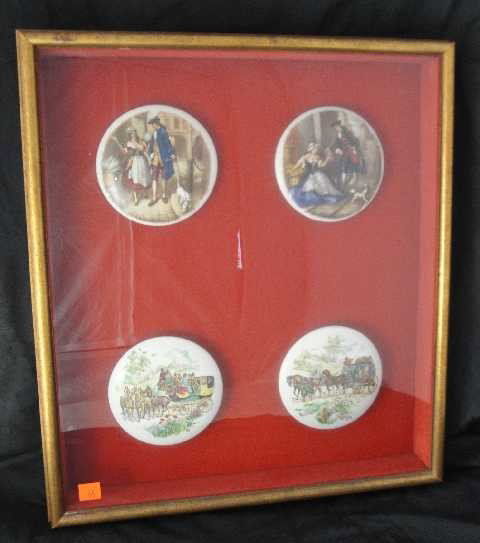 FRAMED CUSTOM SHADOW BOX - 4 ENGLISH POT LIDS: MEASURES 18"X16"