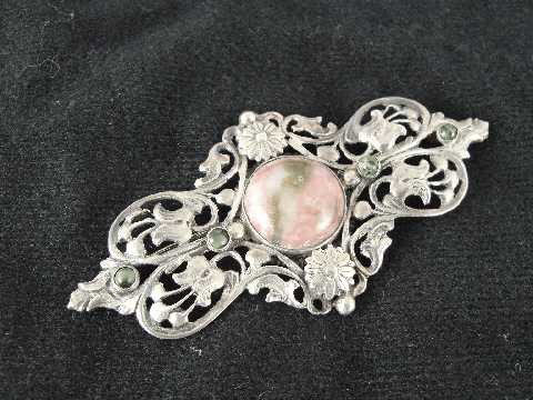 ANTIQUE PERUZZI BROACH: ORNATE DESIGN WITH STONES - UNMARKED - MEASURES 3.25"L