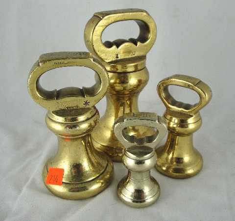 ENGLISH ANTIQUE BRISTOL PARNELL & SONS 4 PC WEIGHT SET: EACH ASSAYED - LARGEST WEIGHS 7LB & STANDS 6.75"T