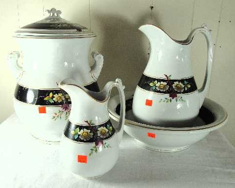 ANTIQUE IRONSTONE ENGLISH 4 PC WASH SET: MARKED KOXON CO - FEAT. LARGE PTICHER & BOWL, SMALL PITCHER & COVERED CHAMBER POT " CHAMBER POT REGLUED SEE PIC" - ALL ONE MONEY