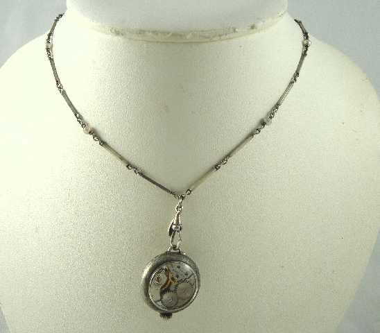 VTG JEWELRY BUCHERER WATCH PENDENT NECKLACE: 17 JEWELS ON CHAIN W/FRESH WATER PEARLS - MEASURES 28" IN TOTAL LEANTH