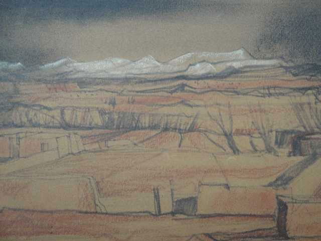 DOEL REED- NEW MEXICO ARTIST - LANDSCAPE: MIXED MEDIA SIGNED LR- SIGHT SIZE MEASURES 12" X 21"