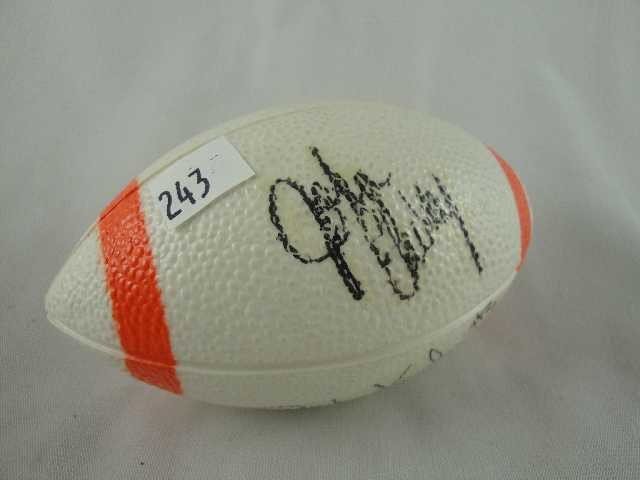 VTG 1984 DENVER BRONCO NOVELTY AUTOGRAPHED FOOTBAL: CHILDS SOUVENIER BALL MEASURING 6" ACROSS SIGNED BY DENVER BRONCOS PLAYERS STEVE WATSON # 81, RICH KARLISE # 3, & JOHN ELWAY # 7
