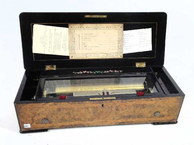 MONDOLINE 8 TUNE SWISS CYLINDER MUSIC BOX: FABRIQUE DE GENEVE AUGUSTE L'EPEE MAKER - BURLED CYPRUS ELM W/ BAND OF OLIVE AND STRIPES OF HOLLY CIRCA 1868 - IN FINE WORKING ORDER - BOX IN FINE CONDITION AS WELL... CLOSED MEASURES 6" X 22.5" X 8.7