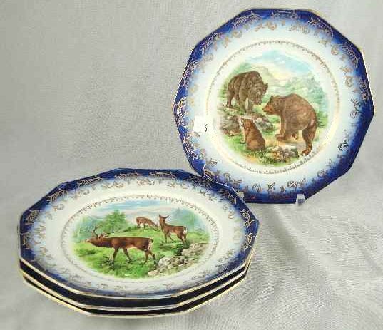 ANTIQUE SET OF 4 FLOW BLUE NATURE PLATES: EACH MEASURES 8"DIA