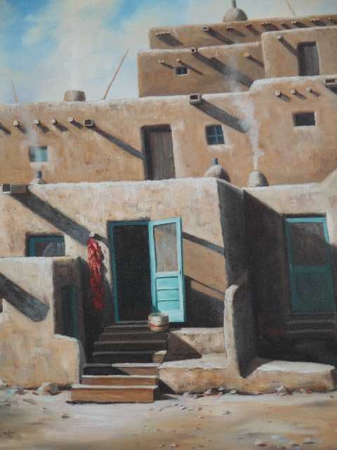 SUE KRZYSTON - NM ARTIST - OIL PAINTING - TAOS: ADOBE COMPLEX - THE OPEN DOOR 1989 SIGNED LR IN CUSTOM FRAME MEASURING 38" X 31"