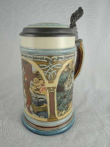 GERMAN METTLACH STEIN 2394: GEORGE KILLING THE DRAGON - MEASURES 9" TO TOP OF THUMB PIECE