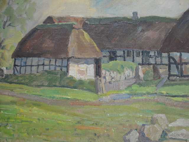 DANISH ANTIQUE OIL PAINTING OF HOUSE - N. MOLBOCK: FRAMED MEASURES 18"T X 22" W