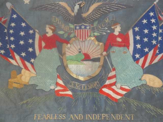 19TH C NEEDLEWORK NEW YORK - HANDMADE: MEASURES 24"T X 28"W - BACKED ONTO JAPANESE NEWSPAPER