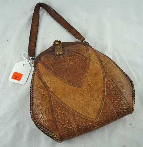 ANTIQUE PURSE - ART DECO LEATHER: MEASURES 13.25"