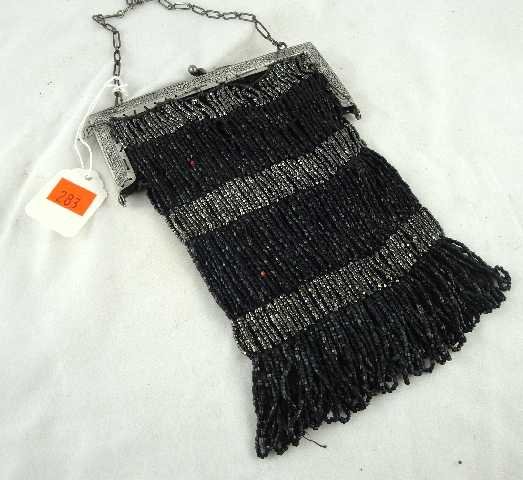 ANTIQUE PURSE - BLACK & SILVER BEADWORK SILVER FRA: MEASURES 12"