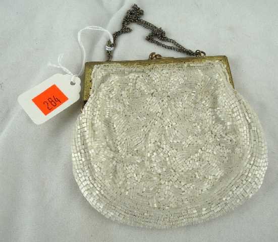 ANTIQUE PURSE - PEARL WHITE BEADWORK METAL FRAME: MEASURES 9.5"