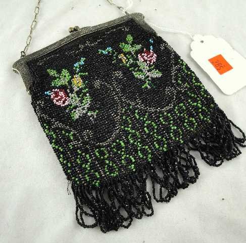 ANTIQUE PURSE- PETIT POINT FLORAL BEADWORK METAL F: MEASURES 14"