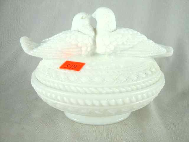 WESTMORELAND MILK GLASS 2 HENS ON BASKET: MEASURES 6.5" WIDE