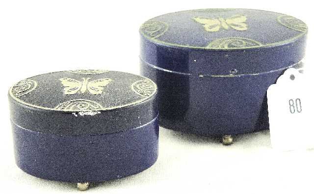 LOT OF 2 VANDERBILT BUTTERFLY TOLE BOXES EMPTY: LARGEST MEASURES 3.75" ACROSS