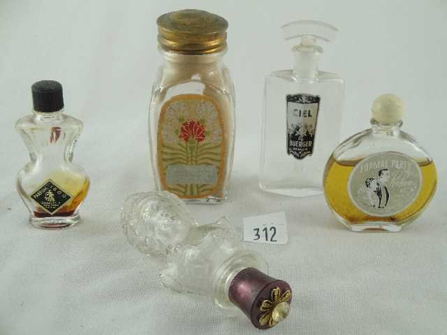 MISC BOTTLE LOT OF 5 - INC: MINI'S: LARKIN CO, CARNATION PINK POWDER, STUART INC, FORMAL PARTY PERFUME, CHARLES THE FIFTH, BURGER CIEM, COTY DUTCHESS OF PARIS - TALLEST MEASURES 3.5" - ALL ONE MONEY!