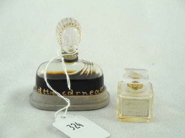 HATTIE CARNEGIE CLEAR GLASS BOTTLE & OTHER: WOMANS HEAD WITH ART DECO SHOULDER - MEASURES 3" TALL