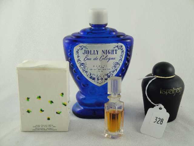 MISC LOT OF 4 VTG PERFUME BOTTLES: DARCEL JOLLY KNIGHT, GIORGIO RED, ISPHAN YVES YOCHER, GRES CABOTINE - ALL ONE MONEY!