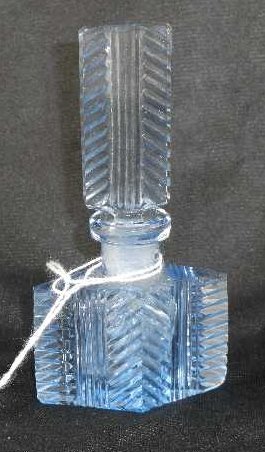 CZECHOSLOVAKIAN MINI BOTTLE - BLUE DECO GEOMETRIC: MEASURES 4" TALL