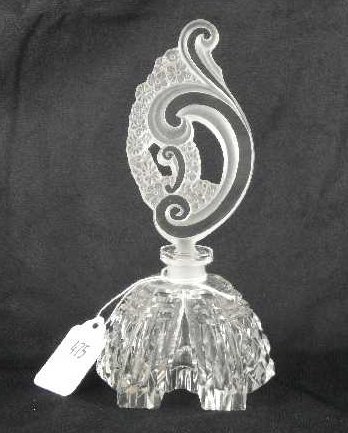 CZECHOSLOVAKIAN CLEAR CUT BOTTLE WITH SWIRLED STOP: CZECH LABEL ON BOTTOM MEASURES 7" TALL