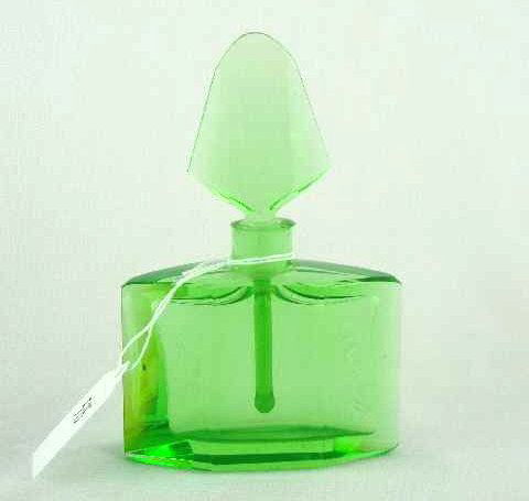 CZECHOSLOVAKIAN DECO GREEN GLASS BOTTLE: MEASURES 5.5" TALL