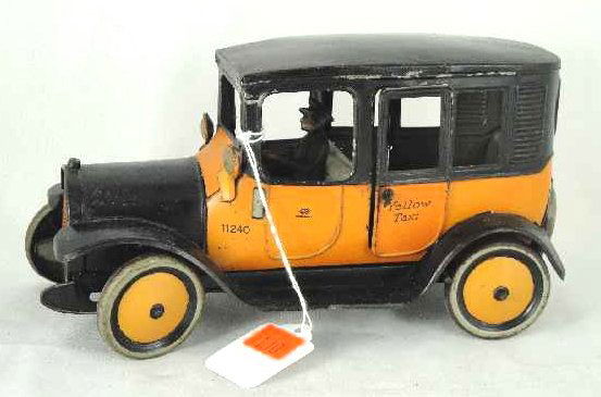 FANTASTIC! BING GERMANY TIN YELLOW TAXI TRACTION: NICE TOY - NICE CONDITION - KEY WIND MECH - 11240 - RINGS BELLS AS IT RUNS MEASURES 9.25" LONG