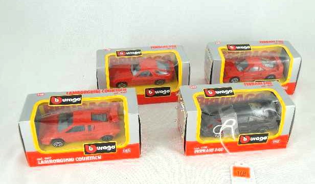 LOT OF 4 BURANGO DIE CAST CARS 1/43 SCALE NIB: 2 - FERRARI F40, PORSCHE 928, LAMBORGHINI COUNTACH - ALL ONE MONEY!