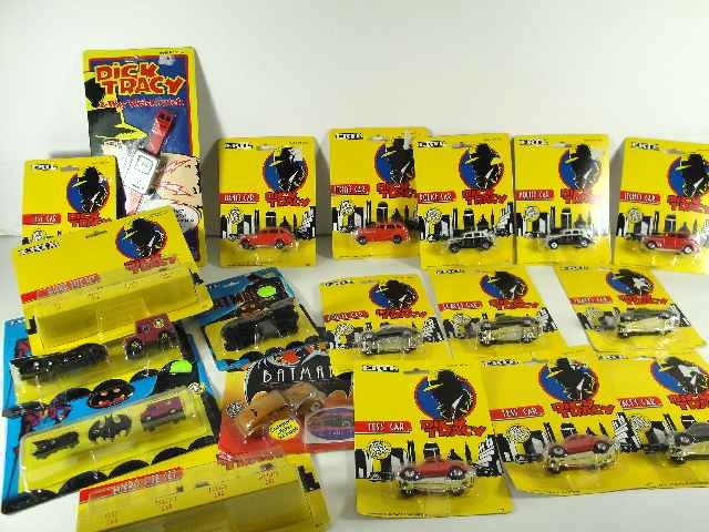 NIB LOT OF ERTL DICK TRACY AND BATMAN COLLECTOR CA: INCLUDING 3 POLICE CAR, 3 TESS' CAR, 3 TRACY'S CAR, 3 ITCHY'S CAR, 2 MICRO SIZE SET, BATMOBILE, BATMOBILE, BATWING, JOKER VAN, BRUCE WAYNE'S CAR, DICK TRACY 2- WAY WRISTWATCH
