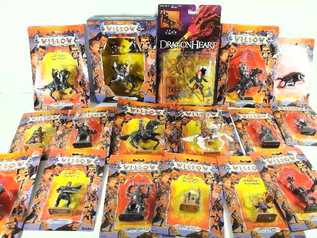 WILLOW AND DRAGONHEART FIGURES NIB - LOT OF 17: INCLUDING NOCKMAR WARRIOR, AIRK THAUGHBAER, GENERAL KAEL, TROLL, HIGH ALDWIN, NOVKMAAR LT., QUEEN BAVMORDA, GENERAL KAEL AND HORSE, 2 SORSHA AND HORSE, AIAK THAUGHBAER AND HORSE, WILLOW UFGOOD, DEATH 