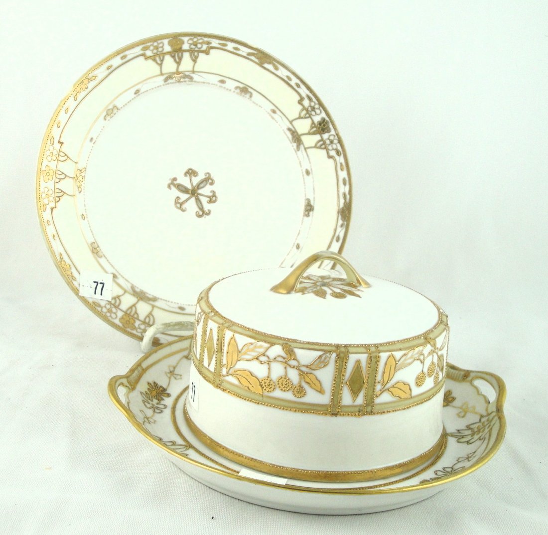 SET OF 3 NIPPON MORIMURA COVERED BUTTER AND PLATE: PLATE MEASURES 7.5" IN DIAMETER