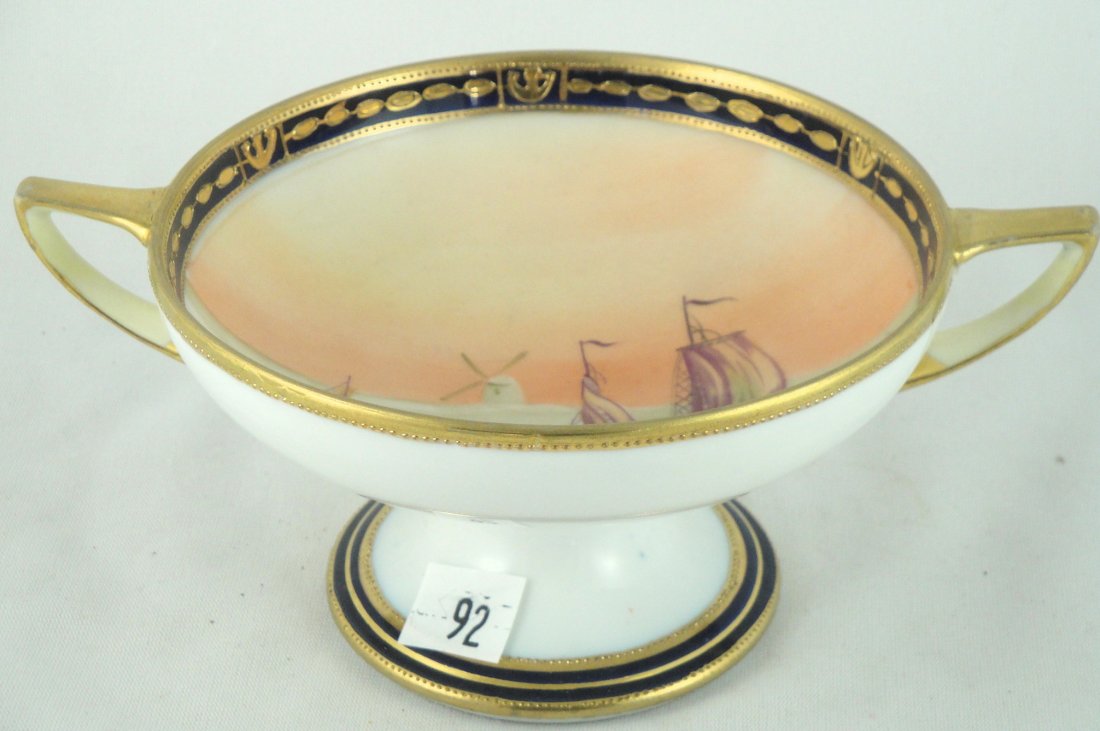 NIPPON MORIMURA DUTCH PAINTED SCENE COMPOTE: MEASURES 7.25" ACROSS
