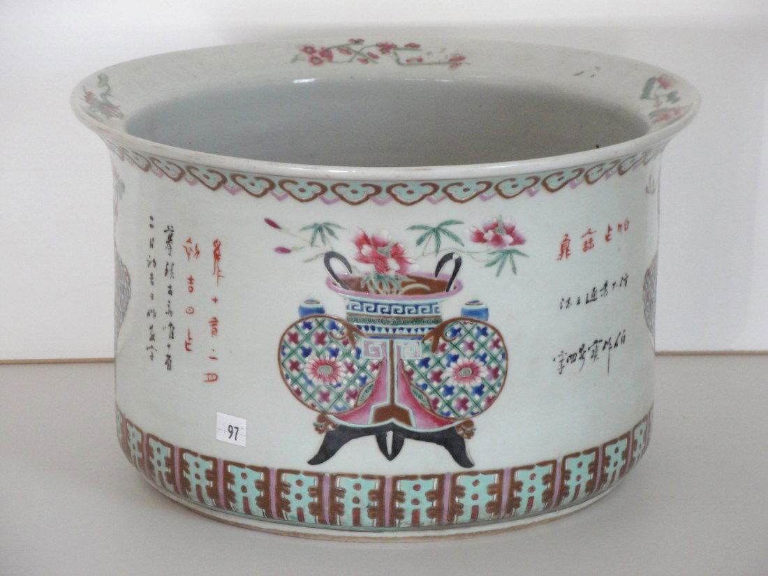 LARGE CHINESE CYLINDER FISH BOWL PLANTER: HOLE IN BOTTOM - MEASURES 15" TALL