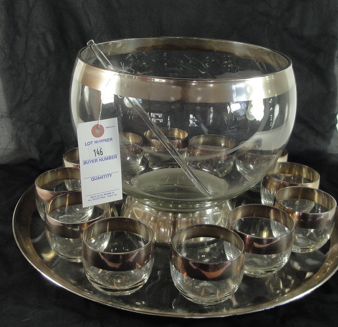 DOROTHY THORPE SILVER RIM PUNCH BOWL SET: INCLUDES UNDERTRAY, BOWL AND 12 CUPS