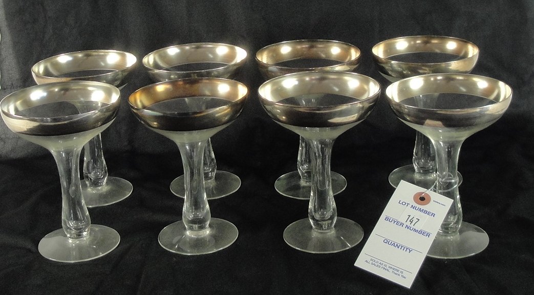 DOROTHY THORPE SILVER RIM SET OF 8 STEMWARE: ALL ONE MONEY