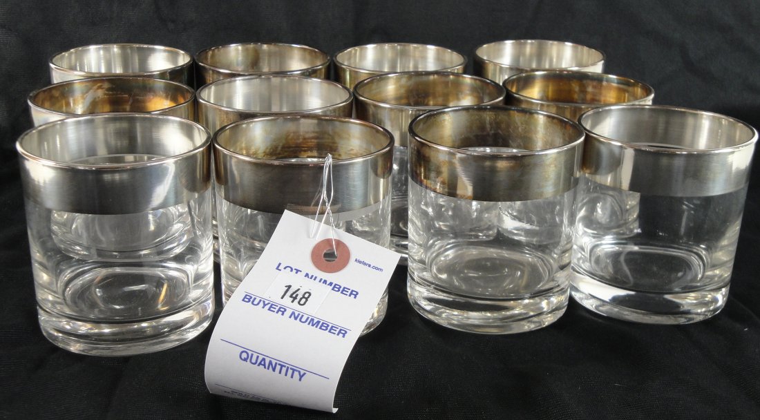 DOROTHY THORPE SILVER RIM SET 12 HIGHBALLS: ALL ONE MONEY - EACH MEASURE 6" TALL