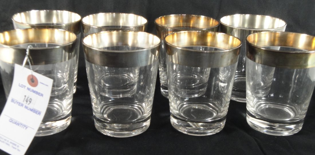 DOROTHY THORPE SILVER RIM SET 8 TUMBLERS: ALL ONE MONEY - EACH MEASURE 7.25" TALL