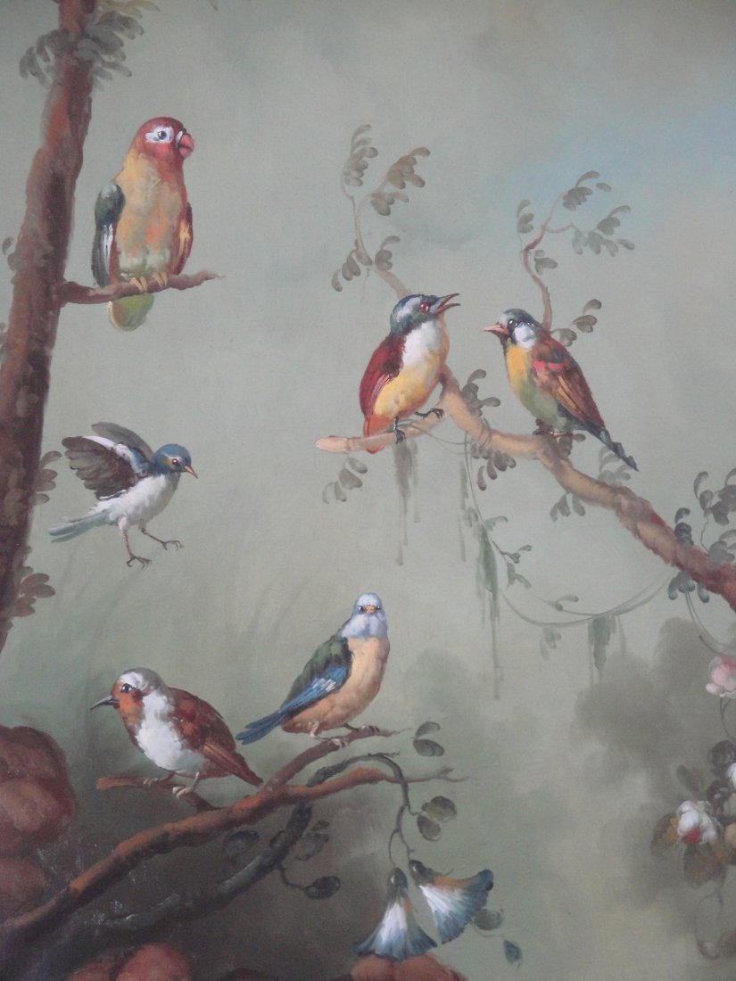 IRA MONTE SPANISH B.1918 OIL ON CANVAS: SIGNED "MONTE" LOWER RIGHT - EXOTIC BIRDS IN CUSTOM GILT FRAME MEASURING 36" X 32"