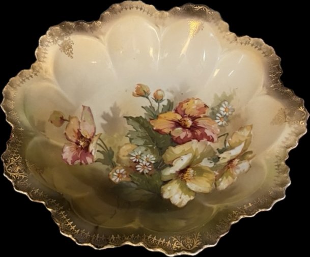 RS Germany porcelain bowl old or antique: This is a lovely German porcelain bowl with a pretty gold border. 10 inches wide by 2.75 inches tall. R.S. Germany is a mark used by the Reinhold Schegelmilch porcelain factory and decorating studios 