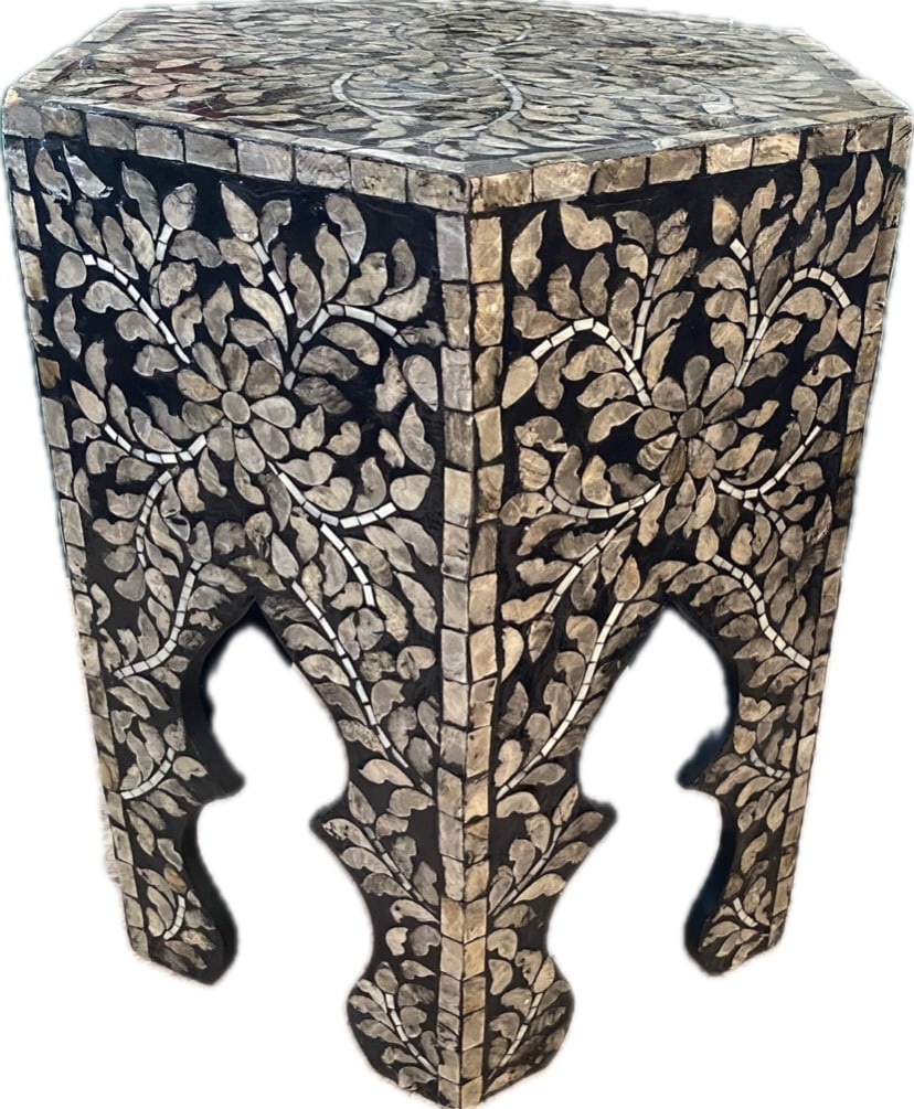 Black lacquer stool with mother of pearl inlay: Black lacquer stool with mother of pearl inlay. This stool is heavier than expected. It’s in good condition, but there are a few pieces of the mother of pearl veneer missing. You can buy replacement