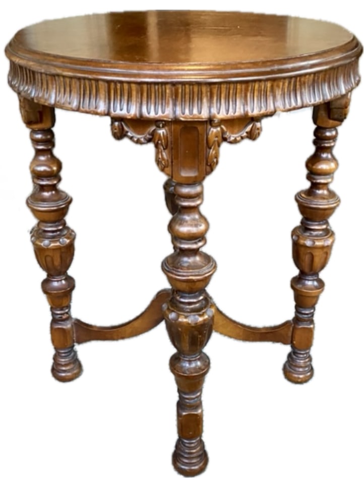 Round carved wooden side table (1 of 8)