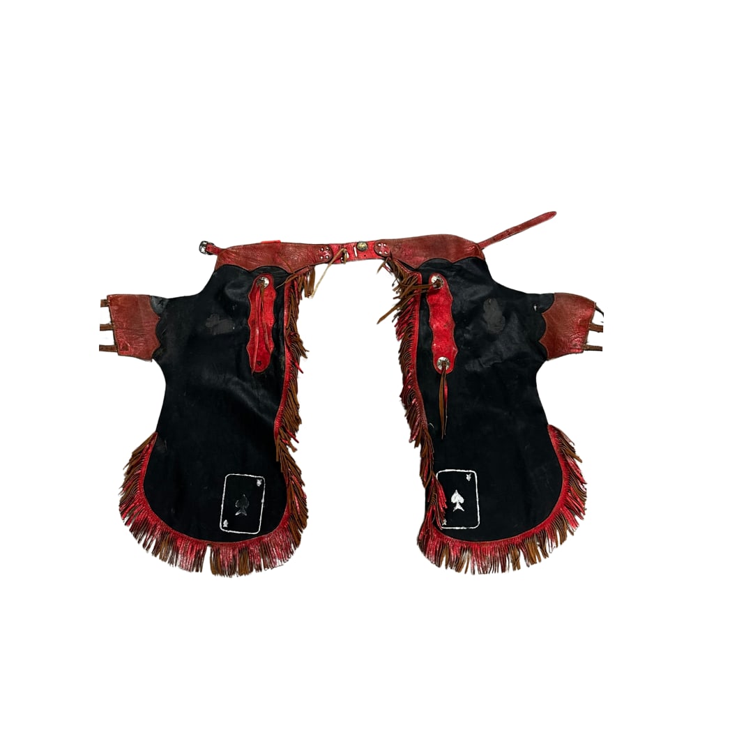 Bullriding Chaps: Red and Black Fringe Chaps Waist size- 31" Please take a moment to review our detailed Shipping Policy and Terms and Conditions before placing any bids. Understanding these policies ensures a smooth a