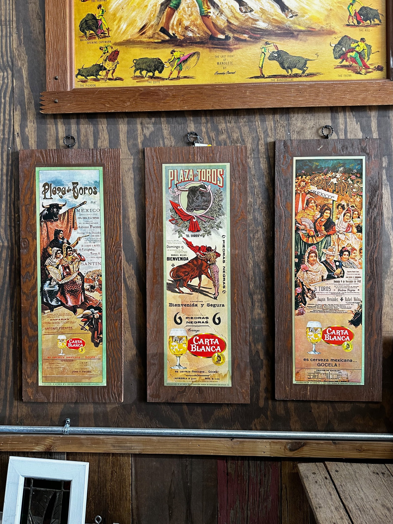 1973 Carta Blanca Beer Advertisements: Set of three Carta Blanca beer advertisements. Colorful prints mounted on stained wooden panels A Seguin, Texas collection each 29" x 12" Please take a moment to review our detailed Shipping Policy an
