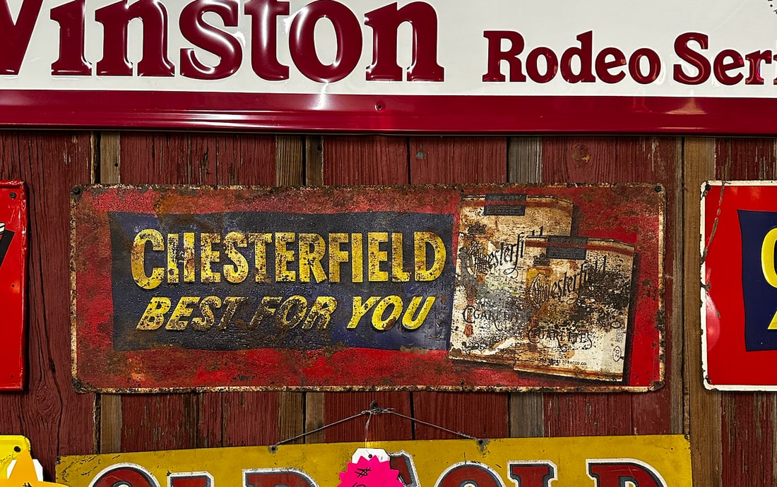 Chesterfield Rusted Tobacco Cigarette Metal Sign: Chesterfield Rusted Tobacco Cigarette Sign Vintage metal sign, well worn and rusted 12" x 34" Please take a moment to review our detailed Shipping Policy and Terms and Conditions before placing any bi