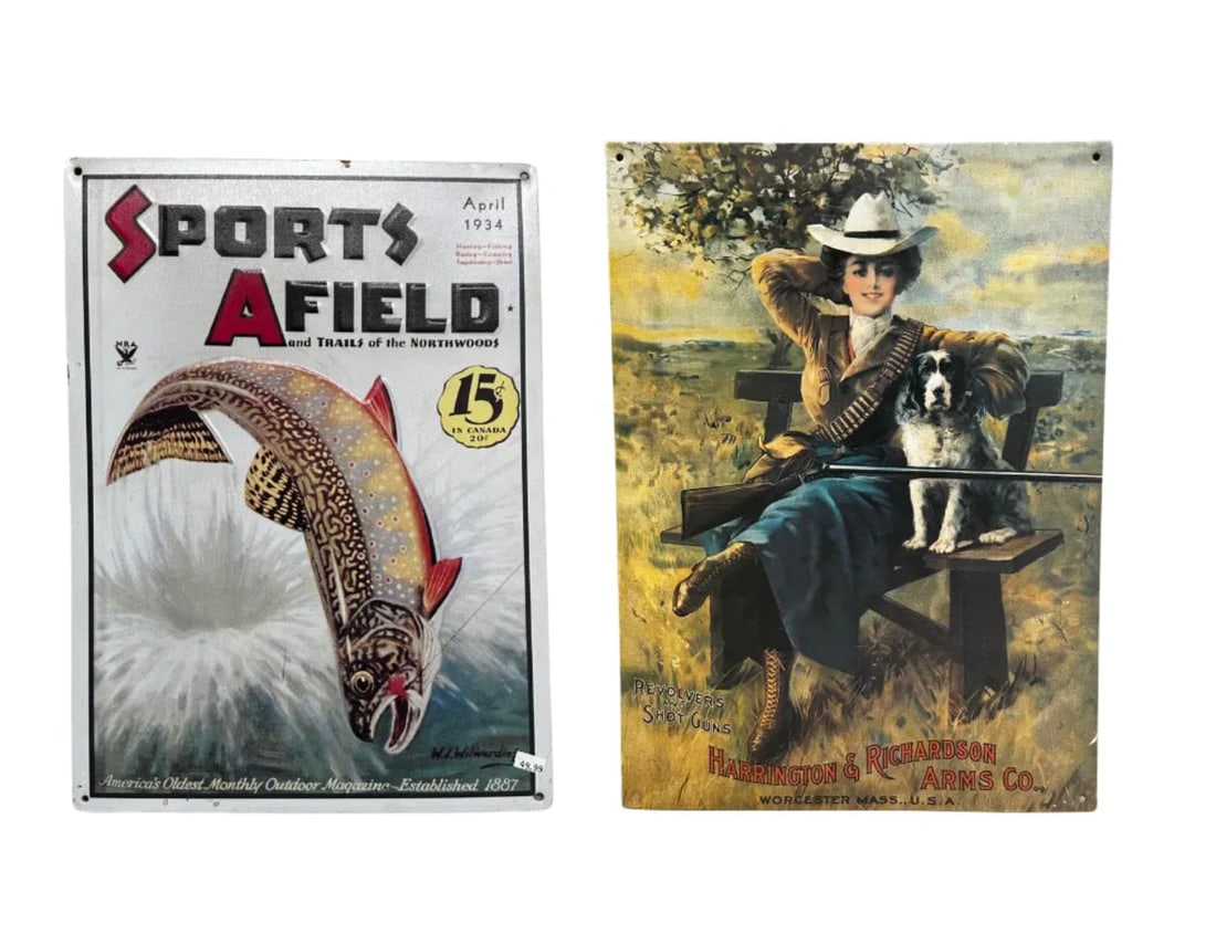 AField Fish Metal Picture + Harrington & Richardson Arms Co Vintage Sign : AField Fish Metal Picture 16" x 12" Harrington & Richardson Arms Co Vintage Sign 7.5" x 16" Please take a moment to review our detailed Shipping Policy and Terms and Conditions before placing any bids