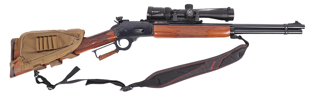 Marlin Model 1894 .44 Remington Magnum Lever-Action Rifle - FFL # MR01041E (F1S1): This tricked out Marlin Model 1894 .44 Remington Magnum Lever-Action Rifle is in very good+ condition with a very good bore. Accessoires include a Crossfire 2x7x32 Scout scope and mount, Blackhawk che