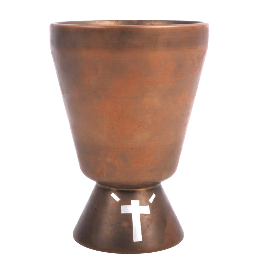 Chaplin's Chalice (MOS): A heavy brass chalice with a cross painted on the base. Possible Military Chaplin's piece.