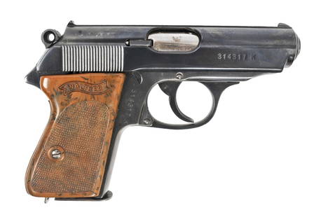 Possible German SS Issue Walther PPK 7.65mm Semi-Automatic Pistol - FFL # 314317K (MMJ1): A possible SS issue WWII era German Walther PPK 7.65mm Semi-Automatic Pistol in good condition with a bright and defined bore. The action appears to function properly and the finish shows signs of